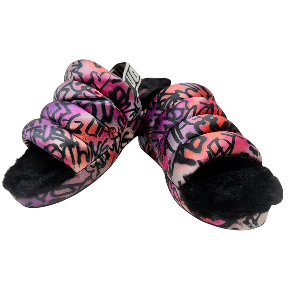 UGG PUFF YEAH POP GRAFFITI MULTI MOCASSIN SLIP‎ ON SANDAL US 7-minor flaw